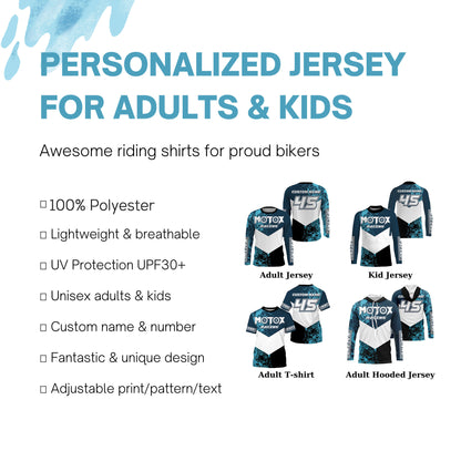 Kids men women custom motocross jersey UPF30+ blue MotoX racing off-road dirt bike riding shirt PDT114