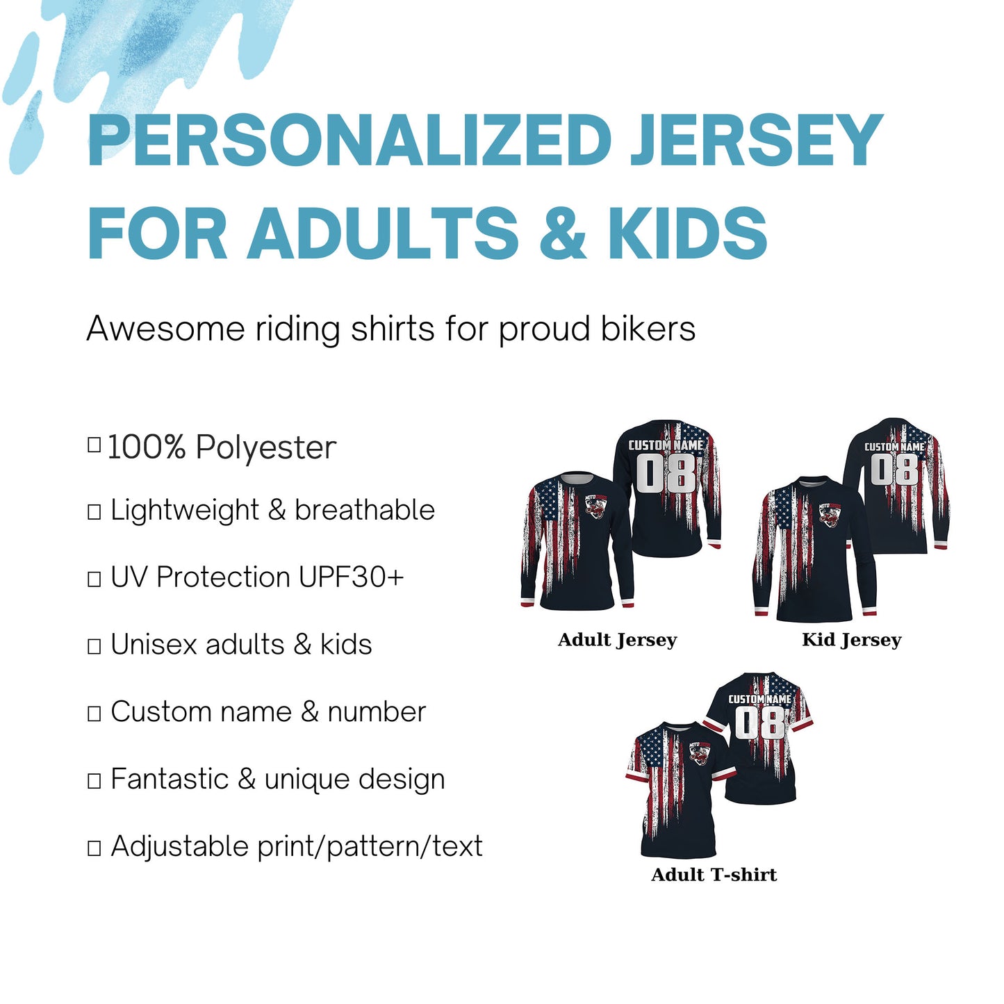 Custom number&name MX dirt bike racing jersey patriotic motocross youth men UV off-road motorcycle PDT168