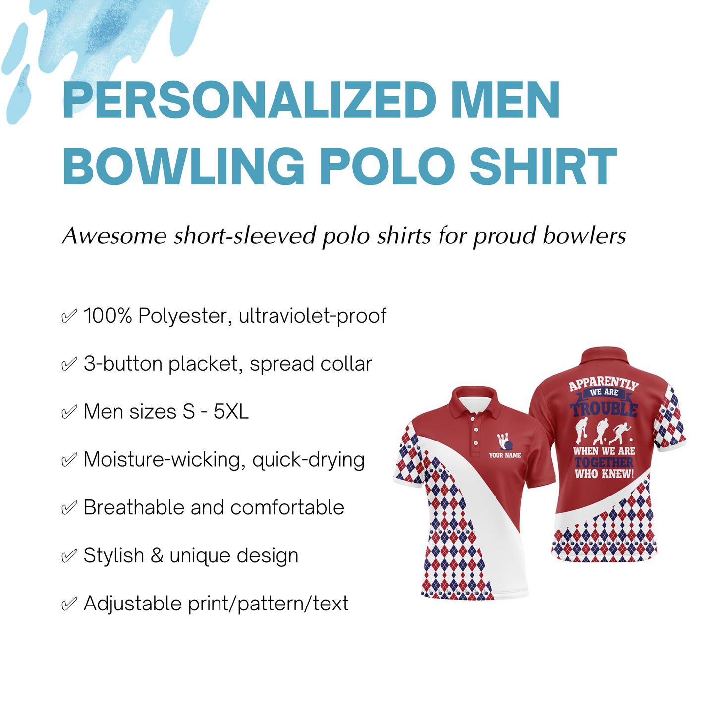 Personalized Men Bowling Shirt Red Argyle Bowling Jersey with Name Funny League Bowling Polo Shirt NBP44