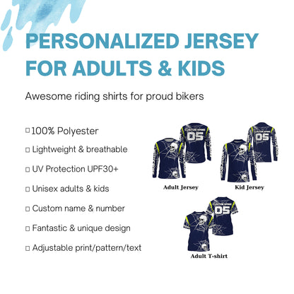 Personalized Motocross racing jersey UPF30+ skull extreme men women kids blue dirt bike outfit PDT196